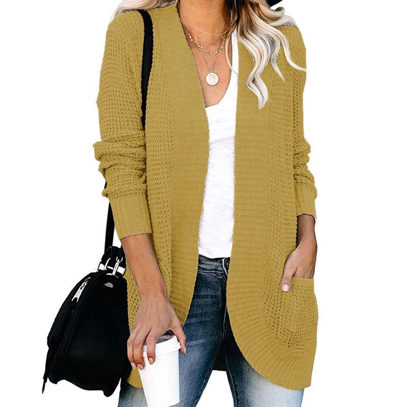 European And American Curved Placket Big Pocket Sweater Cardigan