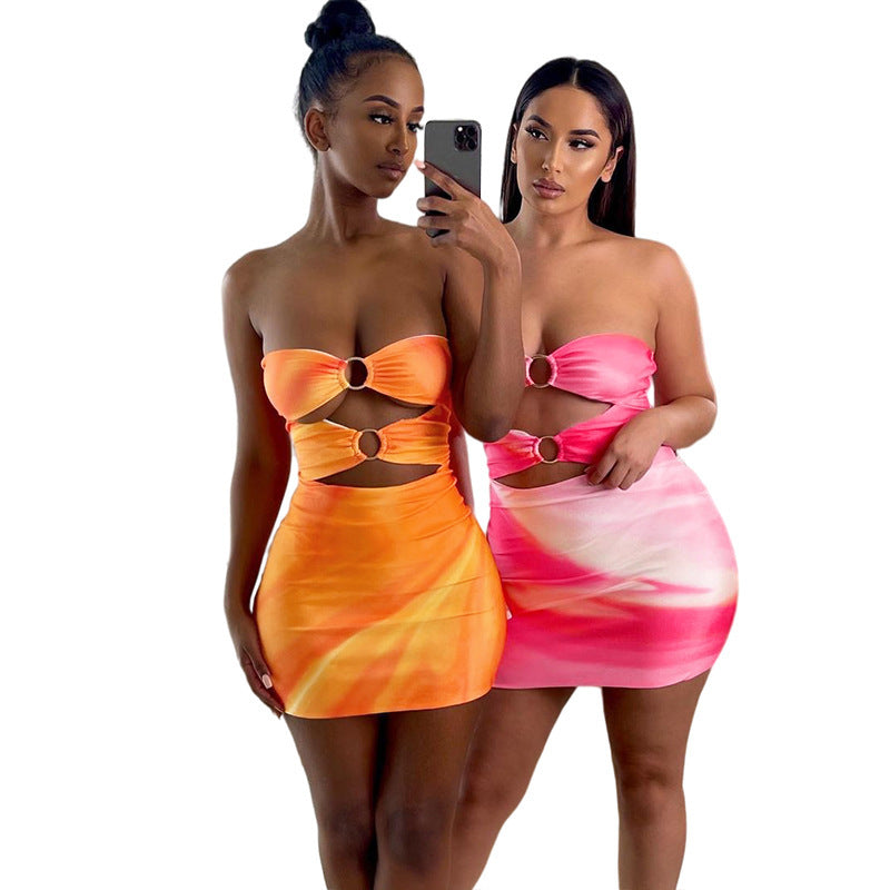 Women's Tube Top Halter Print Slim Wrap Hip Dress