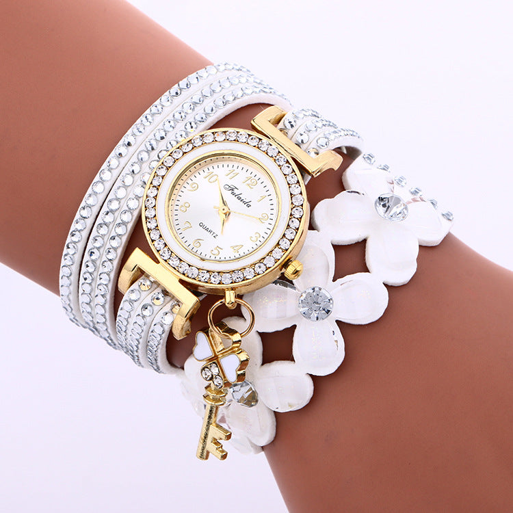 winding watch alloy diamond four flowers velvet bracelet watch