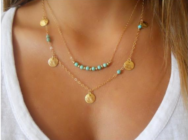 Europe and the United States foreign trade multi-layer round turquoise pendant necklace fashion trend temperament wild clavicle chain jewelry C054