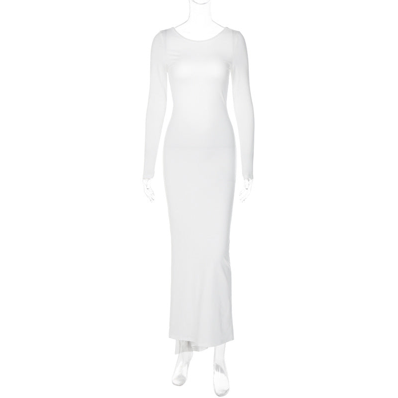 Solid Color Sexy Backless Pleated Long Elegant Slim Dress