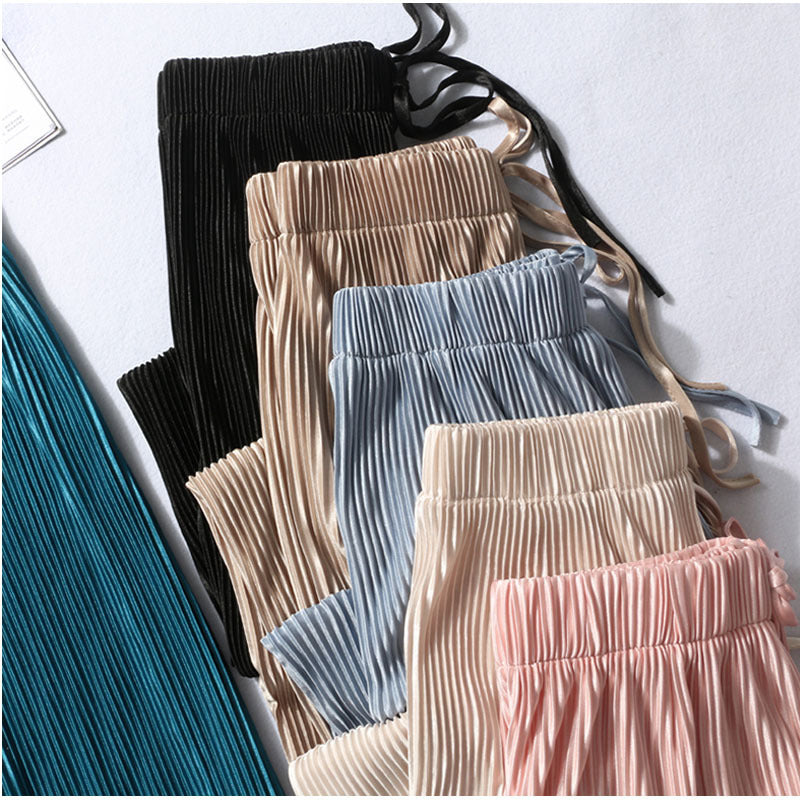 Pleated wide-leg pants trousers high waist vertical spring and summer new loose casual pants chiffon trousers ice silk nine points pants