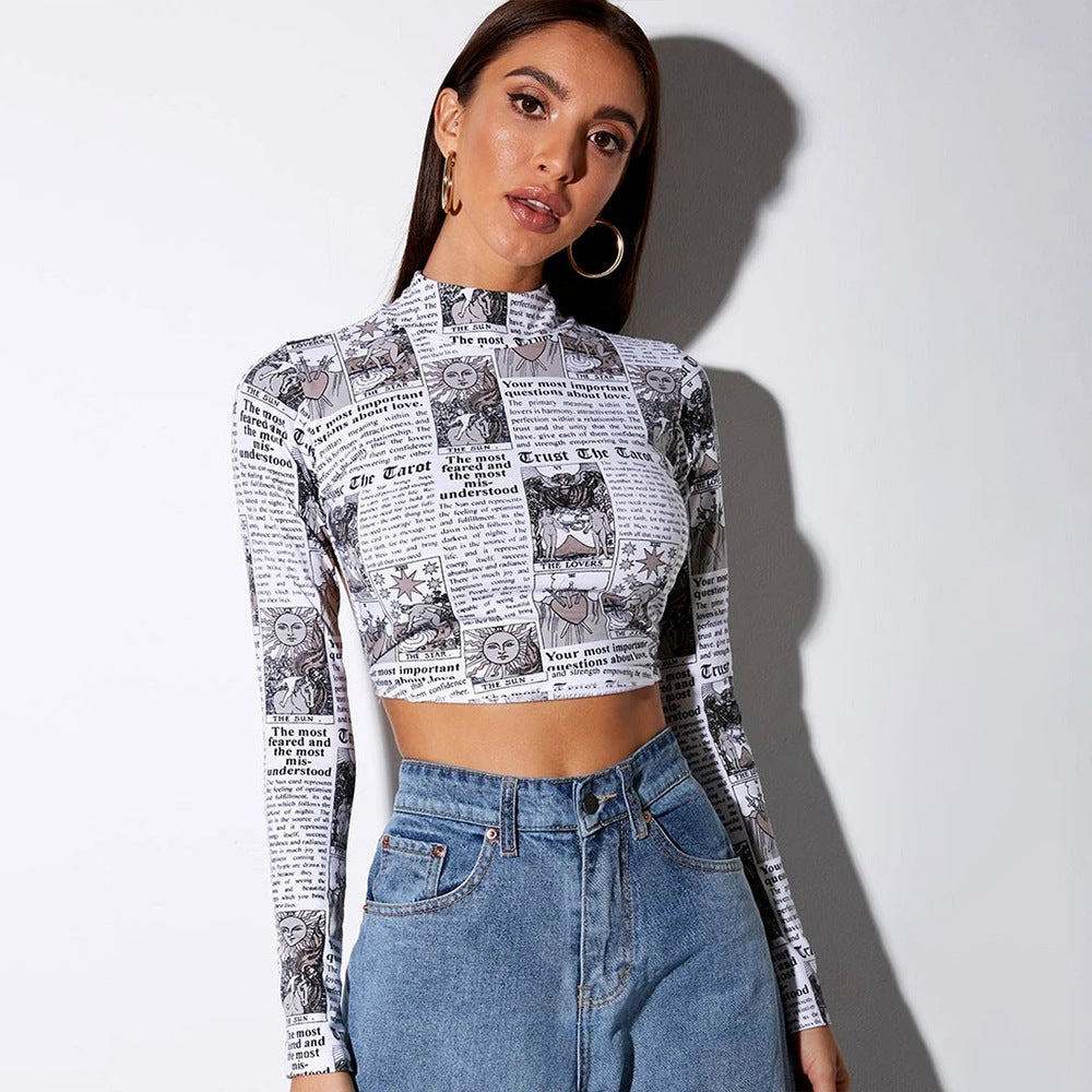 Fashion Printed Short T shirt Women Long Sleeves