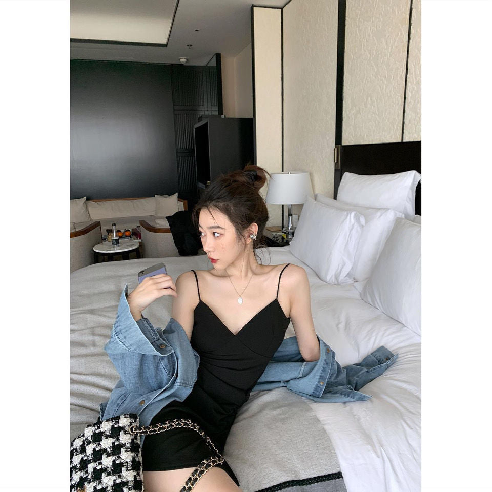 Nightclub Jump Di Sling Pleated Dress Female Was Thin Buttocks Small Black Dress