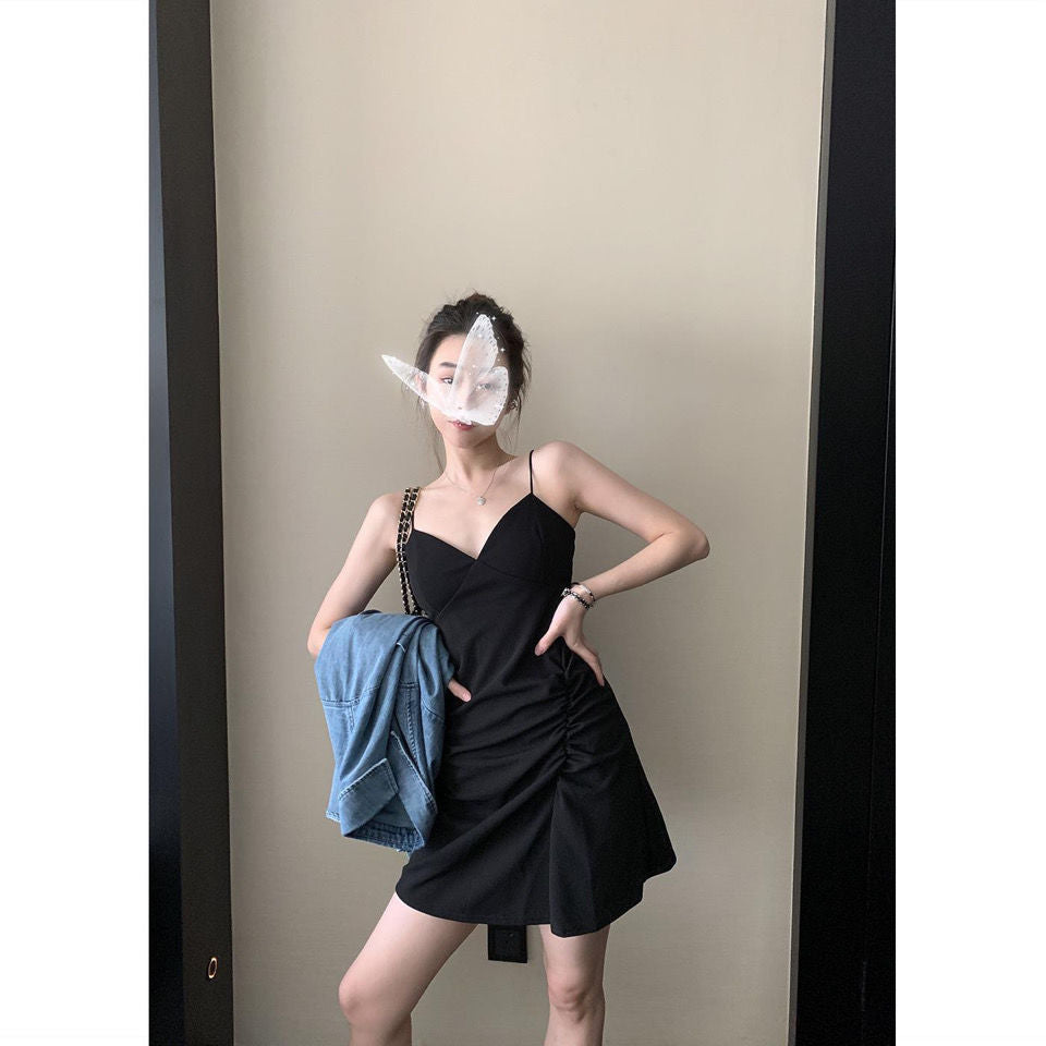 Nightclub Jump Di Sling Pleated Dress Female Was Thin Buttocks Small Black Dress