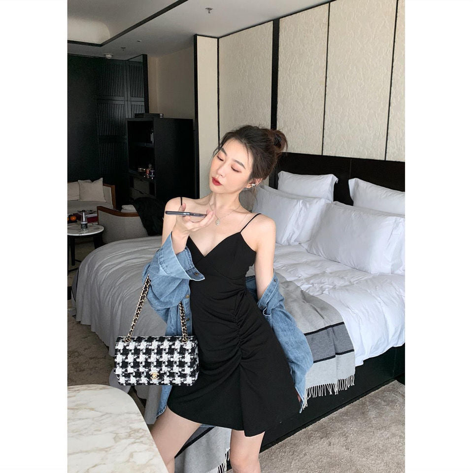 Nightclub Jump Di Sling Pleated Dress Female Was Thin Buttocks Small Black Dress