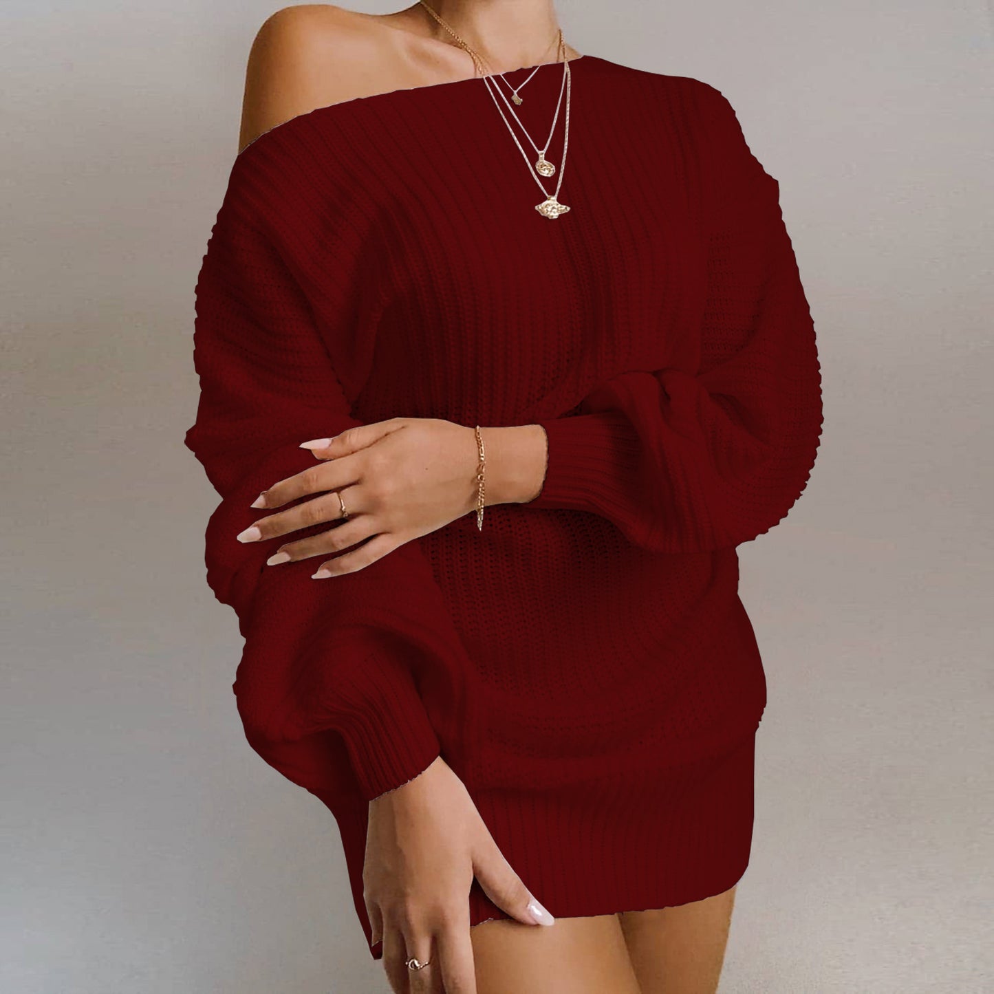 OrangeA Women Off Shoulder Knitted Sweater Dress Autumn Winter Loose Long Sleeve Solid Ladies Tunic Elegant Streetwear Dresses