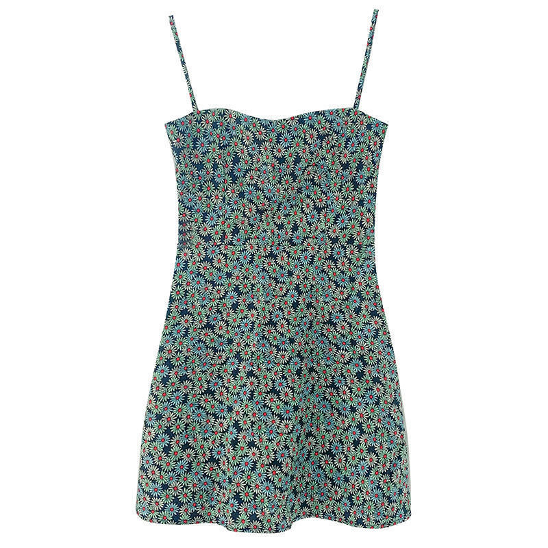 Summer Small Daisy Floral Suspender Skirt Short Waist And Thin Seaside Holiday Skirt Travel Dress Female