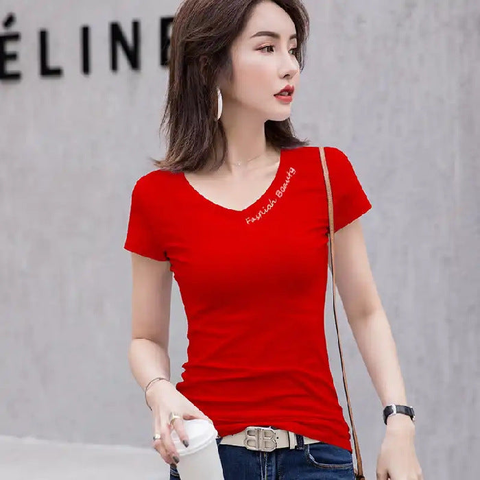 Spring Women Short Sleeves Sexy Top Slim Summer Embroidery V-Neck