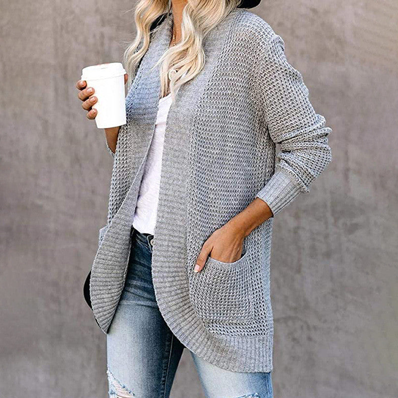 European And American Curved Placket Big Pocket Sweater Cardigan