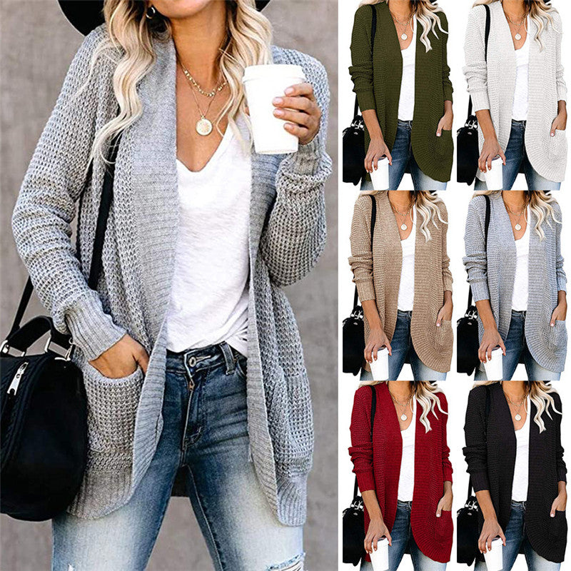 European And American Curved Placket Big Pocket Sweater Cardigan