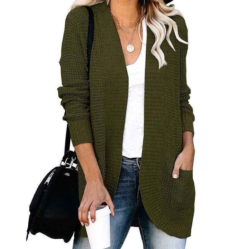 European And American Curved Placket Big Pocket Sweater Cardigan