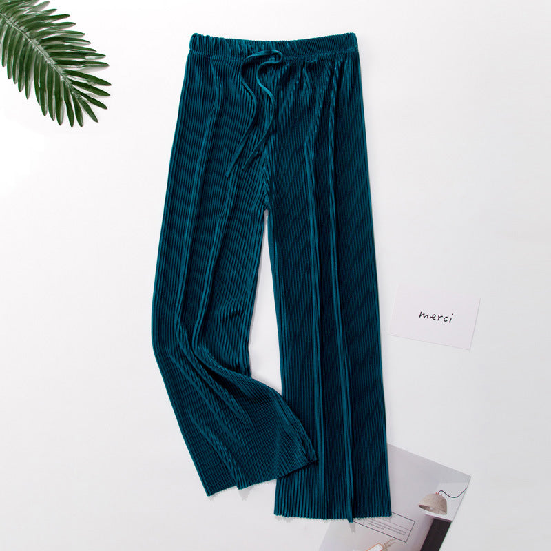 Pleated wide-leg pants trousers high waist vertical spring and summer new loose casual pants chiffon trousers ice silk nine points pants