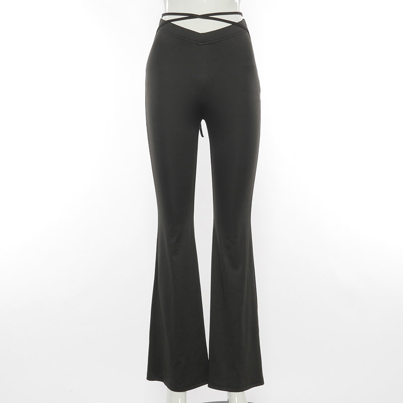 V-shaped Waist Cropped Umbilical Cross Strap Flared Slacks