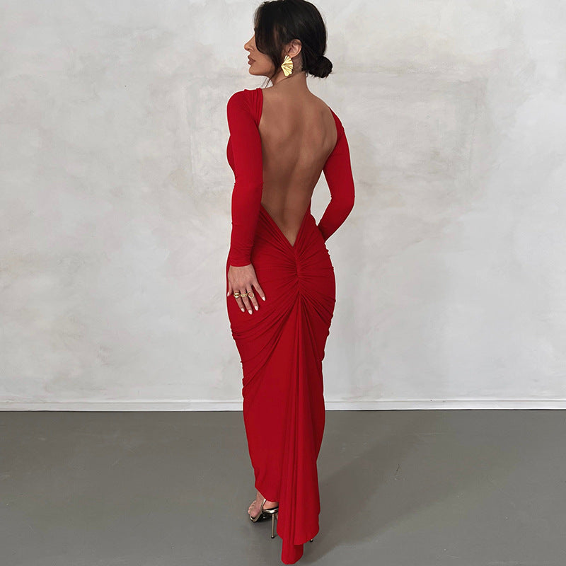 Solid Color Sexy Backless Pleated Long Elegant Slim Dress