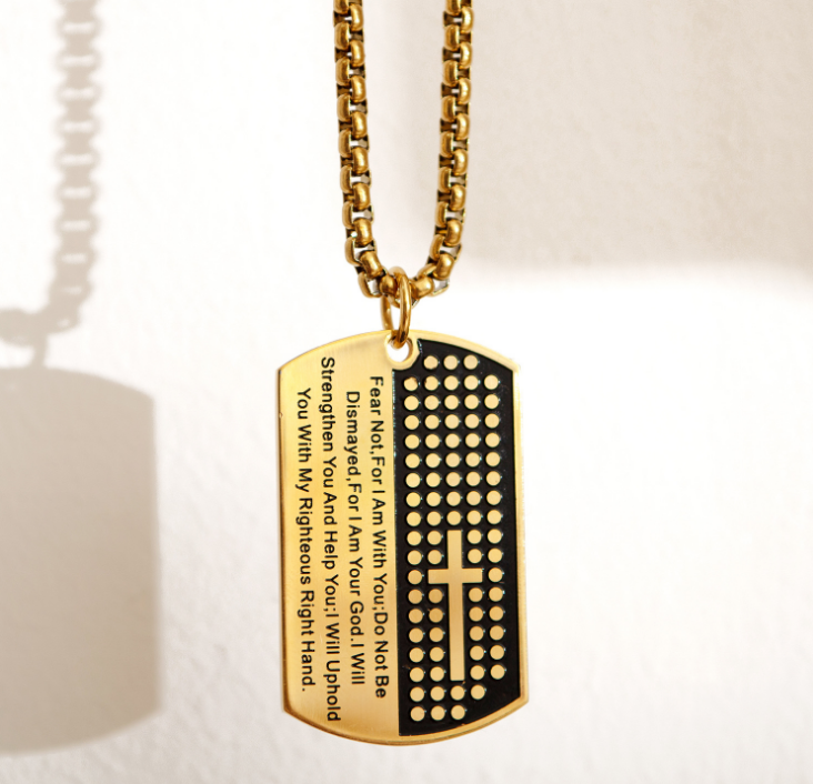 Dog Tag Cross Necklaces & Pendant Gold Color Stainless Steel Chain Bible Verse Christian Jewelry Christmas Gift For Men