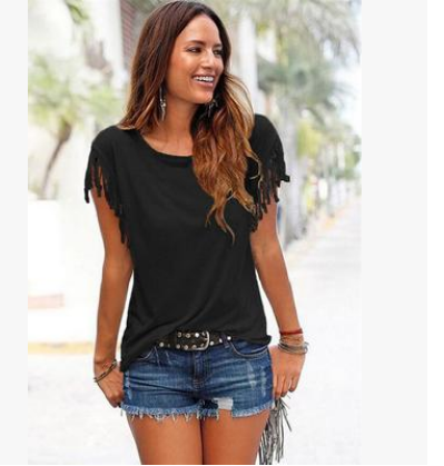 big size round neck short sleeve cuffs tassel T-shirt cotton tops