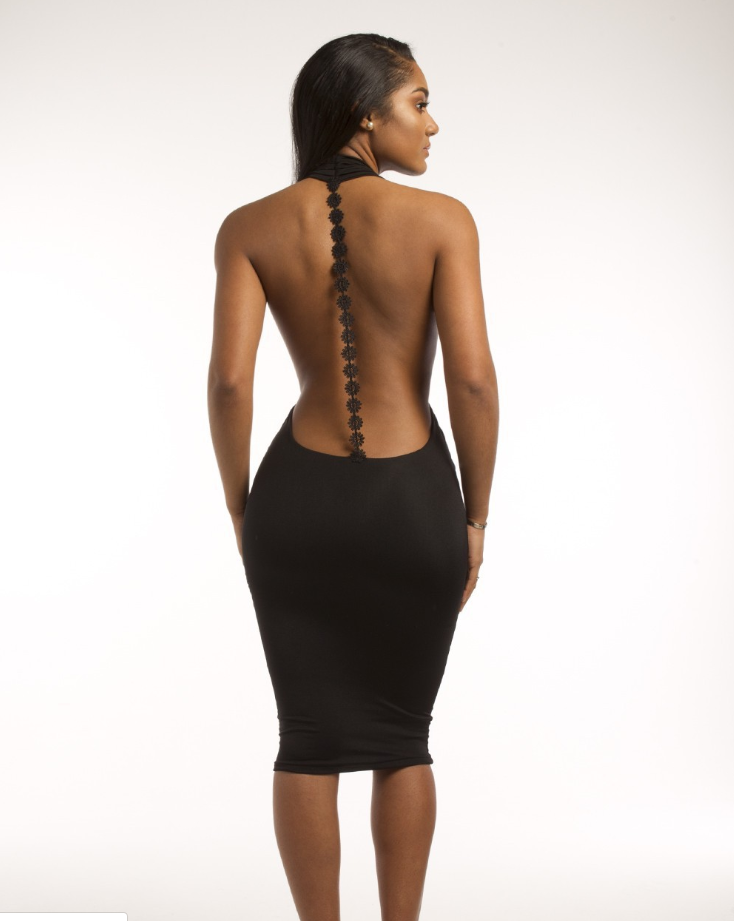 Sexy leaky back hanging neck deep V bag hip tight dress long skirt