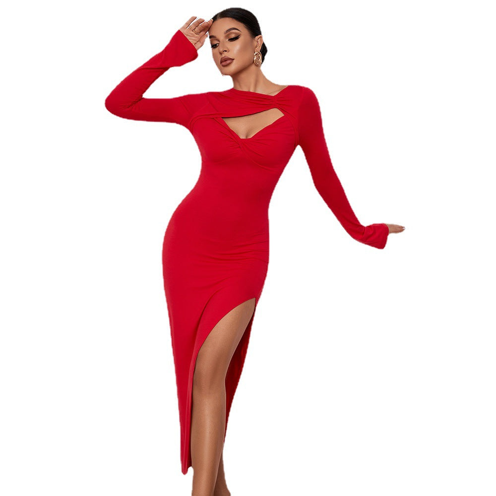 Skirt Sexy Slit Long Sleeve Dress