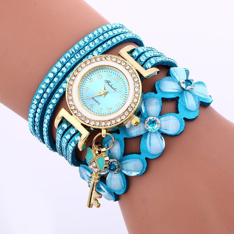 winding watch alloy diamond four flowers velvet bracelet watch