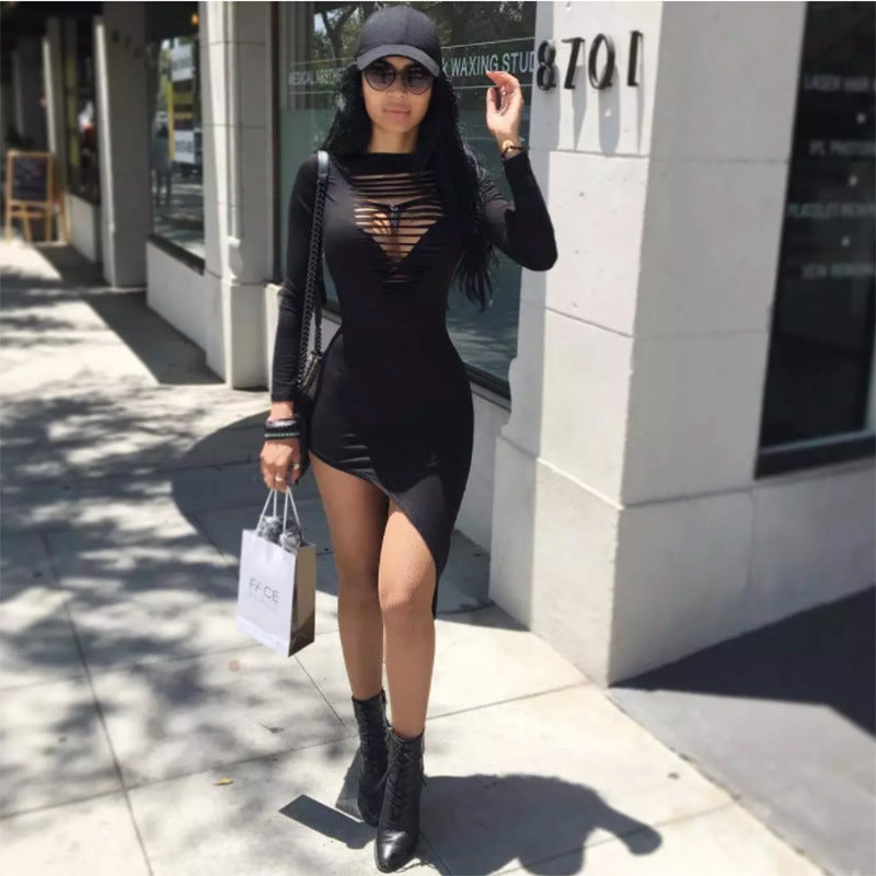 Women's New Sexy Round Neck Hollow Irregular Long Sleeve Dress