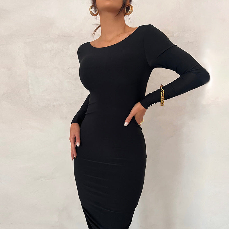 Solid Color Sexy Backless Pleated Long Elegant Slim Dress