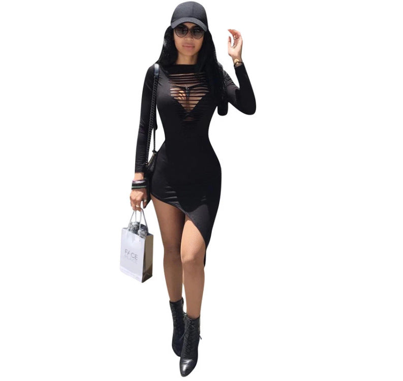 Women's New Sexy Round Neck Hollow Irregular Long Sleeve Dress