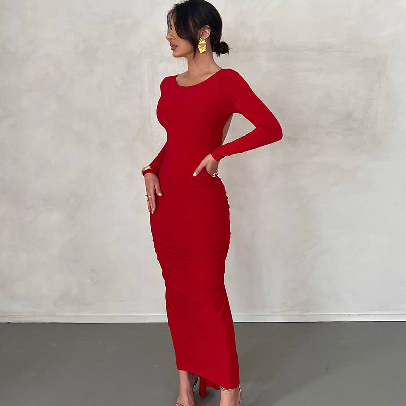 Solid Color Sexy Backless Pleated Long Elegant Slim Dress