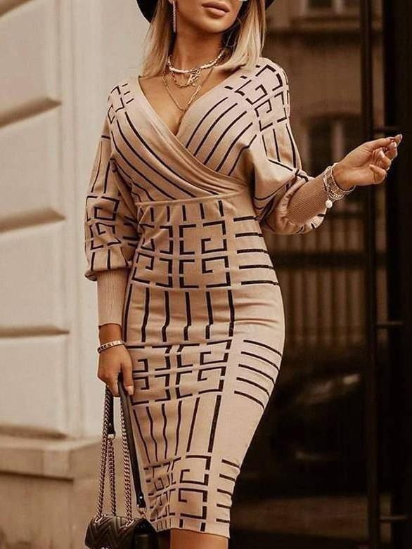 Striped mid-length V-neck long sleeve high waist dress