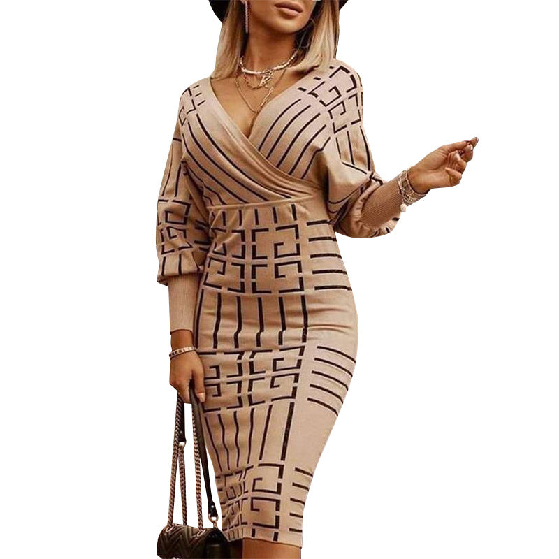 Striped mid-length V-neck long sleeve high waist dress