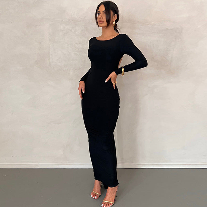 Solid Color Sexy Backless Pleated Long Elegant Slim Dress
