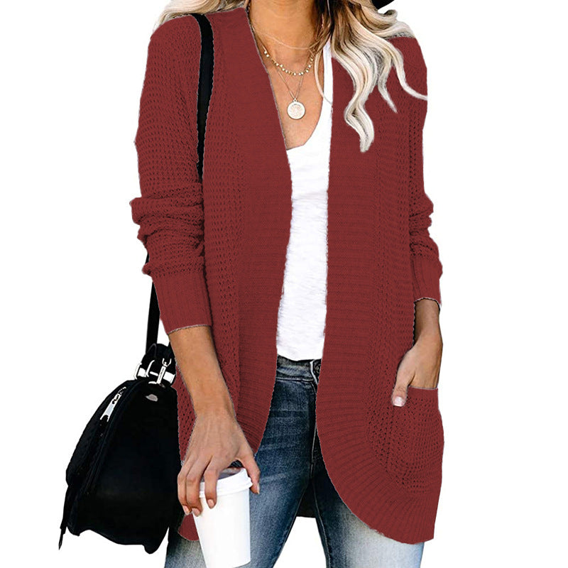 European And American Curved Placket Big Pocket Sweater Cardigan