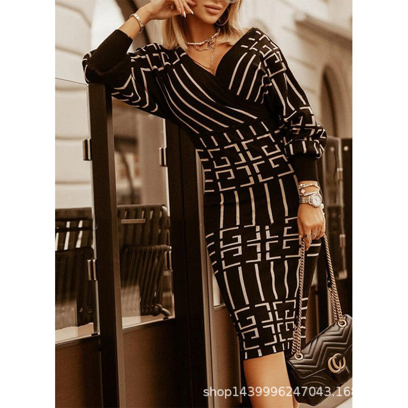Striped mid-length V-neck long sleeve high waist dress