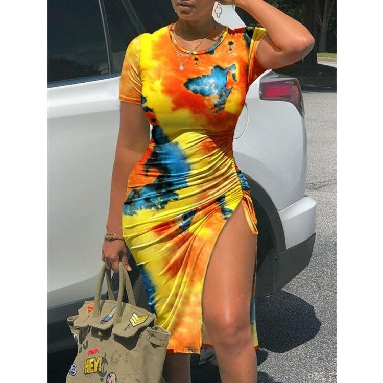 Printed Solid Color Short Sleeve Drawstring Dress