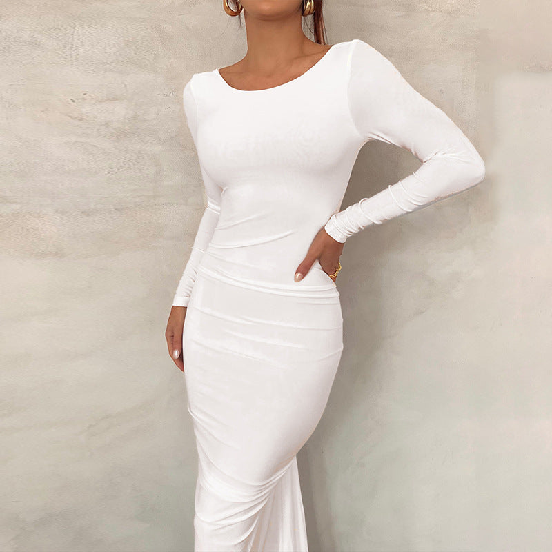 Solid Color Sexy Backless Pleated Long Elegant Slim Dress