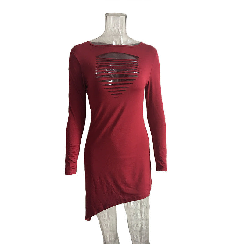 Women's New Sexy Round Neck Hollow Irregular Long Sleeve Dress
