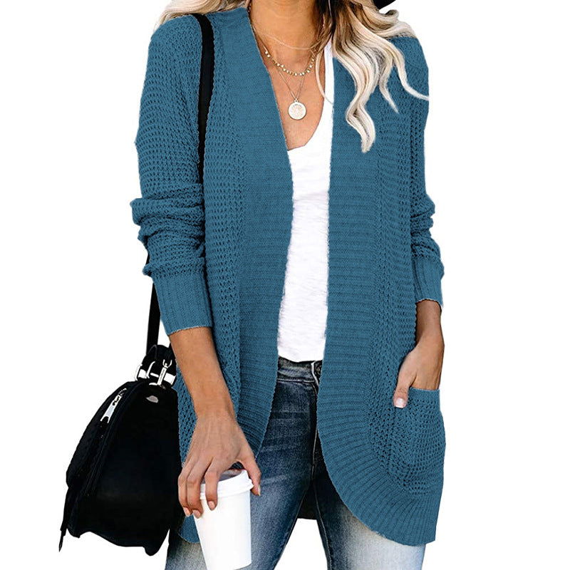 European And American Curved Placket Big Pocket Sweater Cardigan