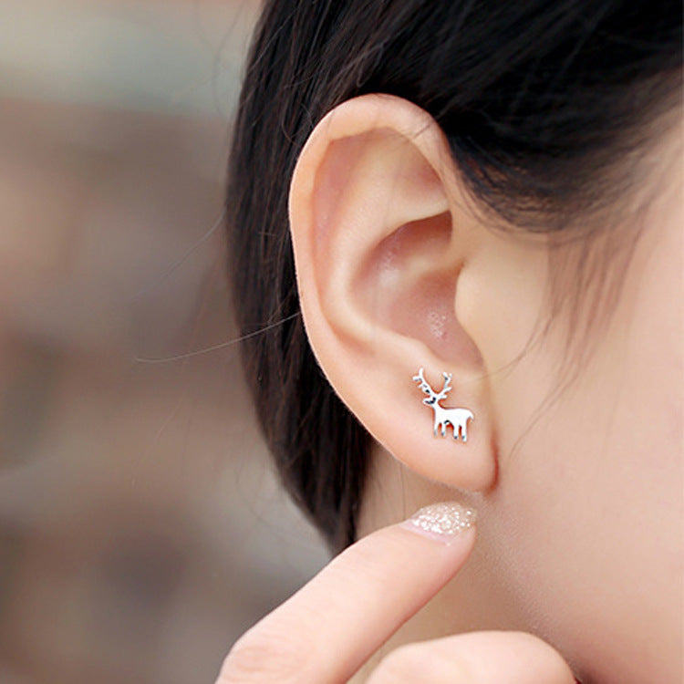 S925 Sterling Silver Earrings Christmas Deer Christmas Tree Asymmetric Earrings