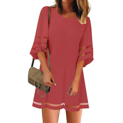 Women's Bell Sleeve Voile Patchwork A- Line Skirt Dress