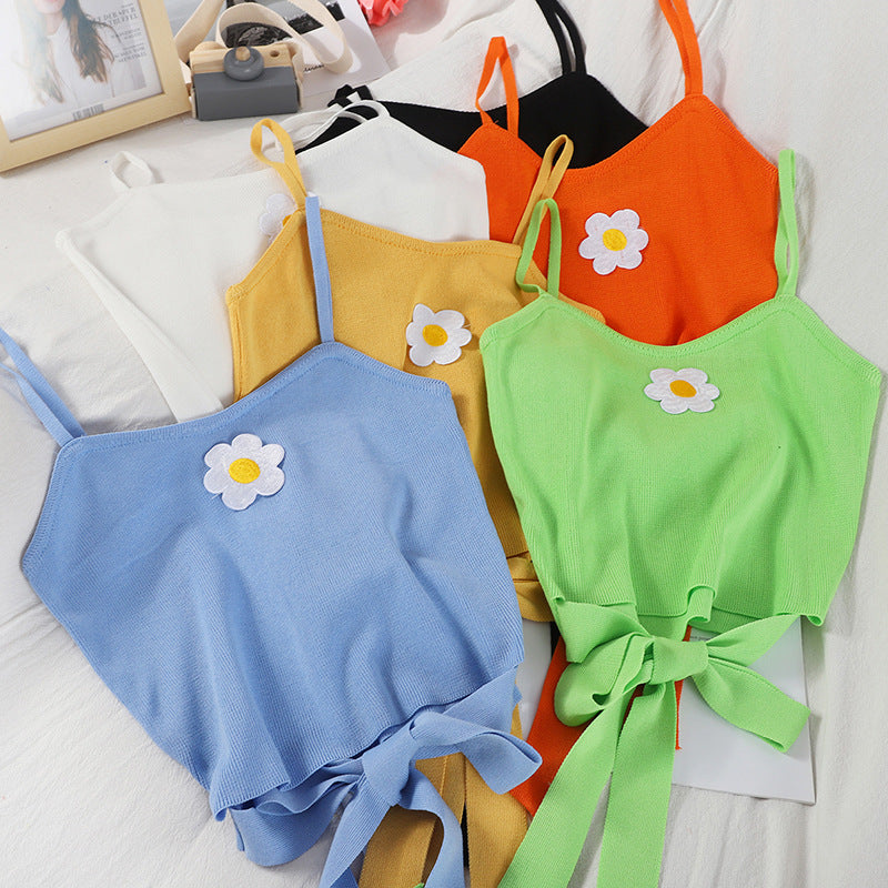 Embroidered floral slim knit suspender top