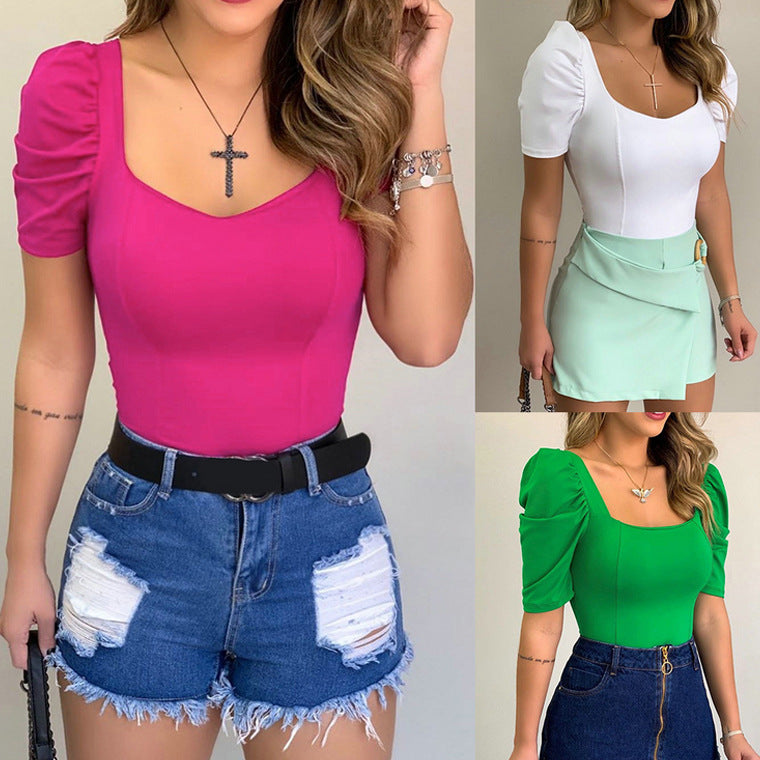 Square collar slim short sleeve top