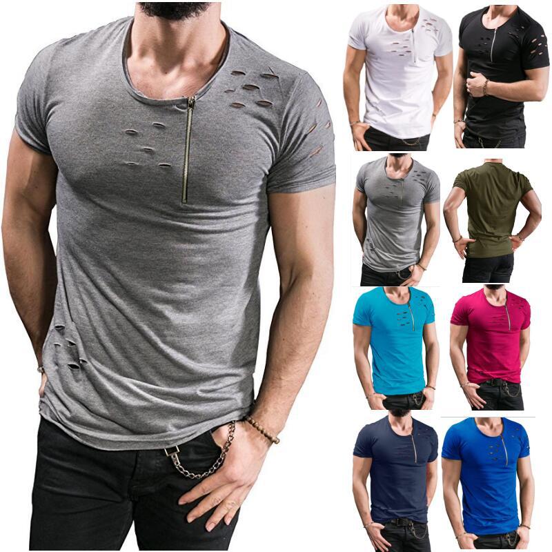 Men's Short-sleeved Zipper Decoration Torn T-shirt