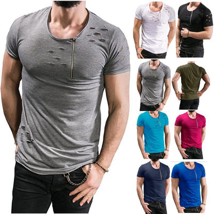 Men's Short-sleeved Zipper Decoration Torn T-shirt