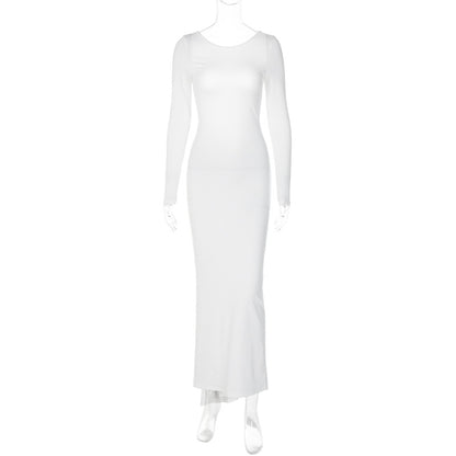 Solid Color Sexy Backless Pleated Long Elegant Slim Dress