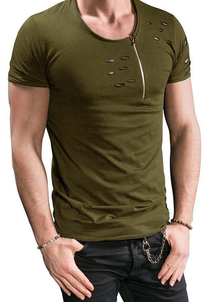 Men's Short-sleeved Zipper Decoration Torn T-shirt