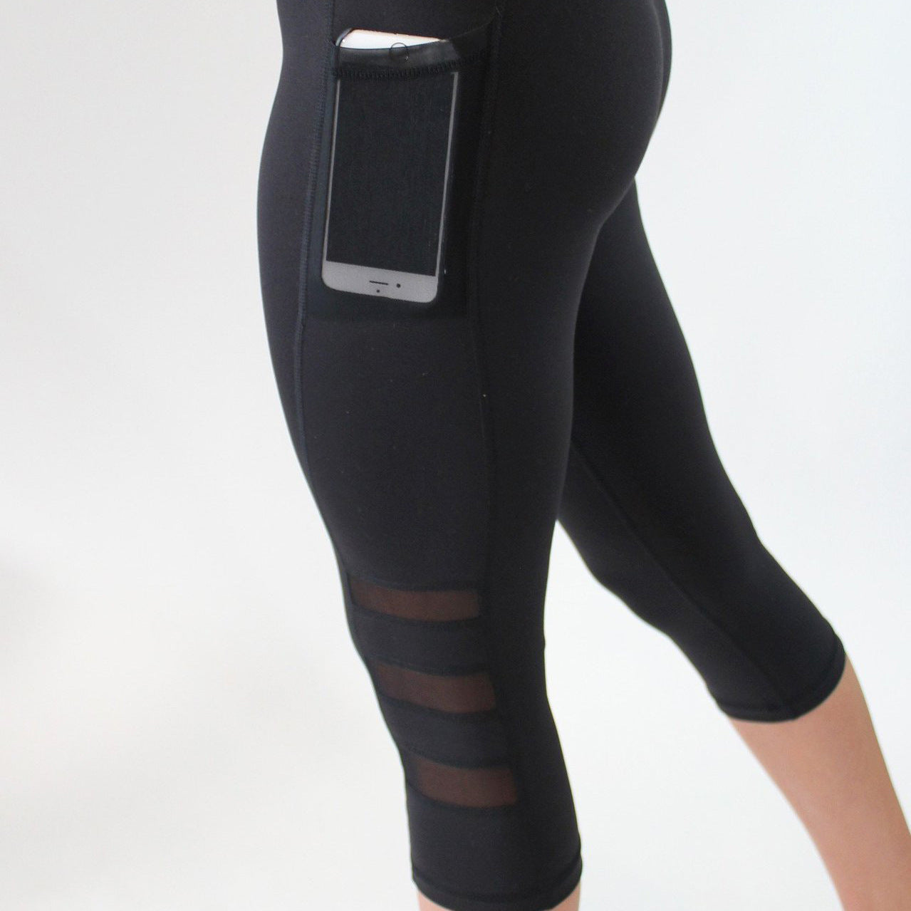 Sports Side Pocket Mobile Phone Three Section Mesh Yoga Pants