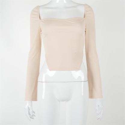 Long Sleeve Solid Square Collar Patchwork Irregular Tshirt Top Autumn Winter Women Streetwear Casual Clothings