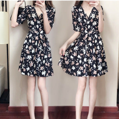Floral V-Neck Dress Women's Small Fresh Mid-Length