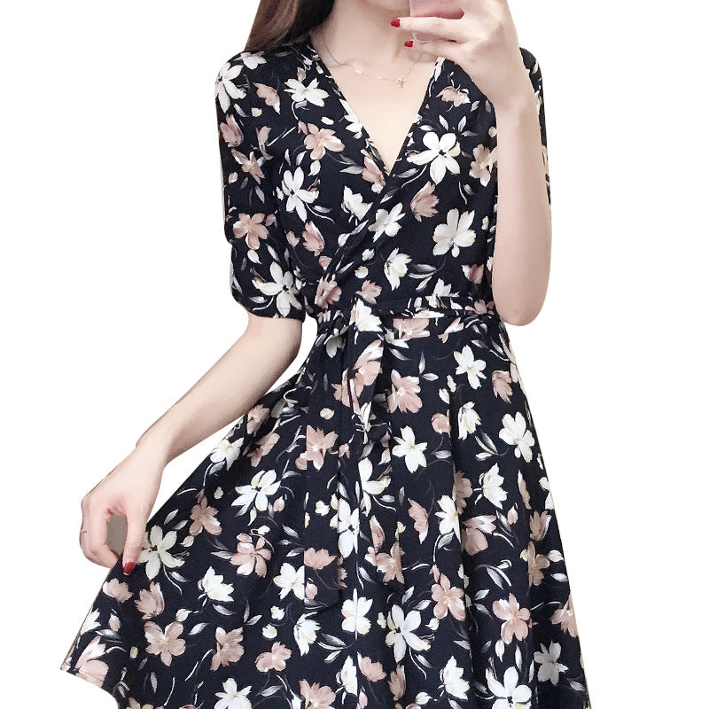 Floral V-Neck Dress Women's Small Fresh Mid-Length