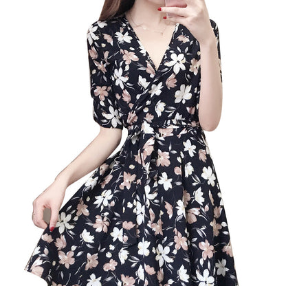 Floral V-Neck Dress Women's Small Fresh Mid-Length